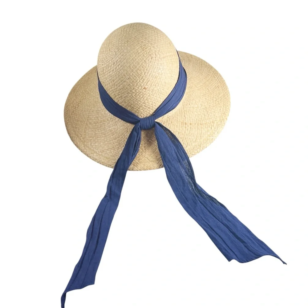Elegant Woven Straw Sun Hat with Navy Blue Band EUC Beach Resort Cruise Vacation